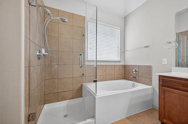 a bathroom with a tub a sink and a shower