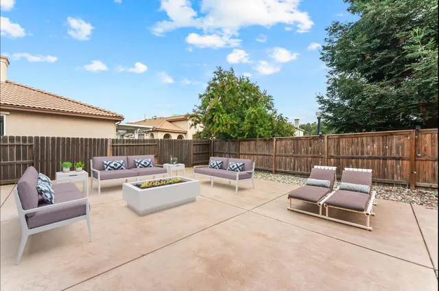 a building outdoor space with patio furniture