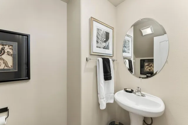 a bathroom with a sink a mirror and a potted plant