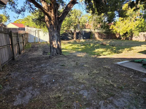 a view of a yard with large trees
