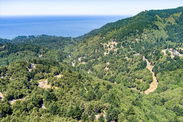 an aerial view of a houses with a yard and lake view
