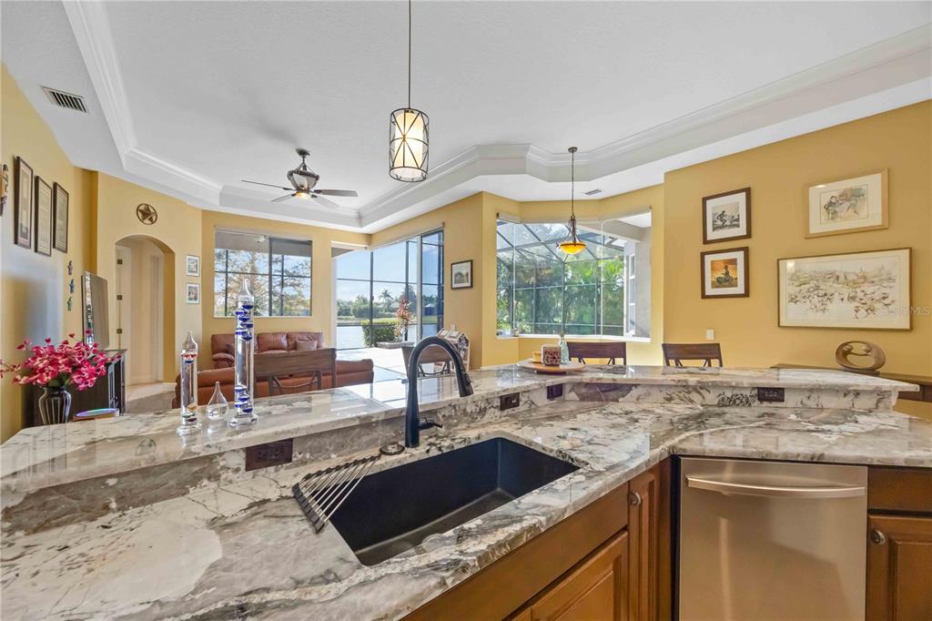 14806 Bowfin Terrace Lakewood Ranch, FL 34202 - Photo 26 of 95 a kitchen with granite countertop a sink stove and cabinets