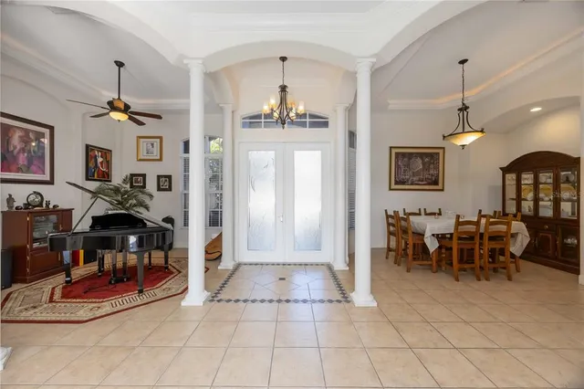 a view of a dining room with furniture
