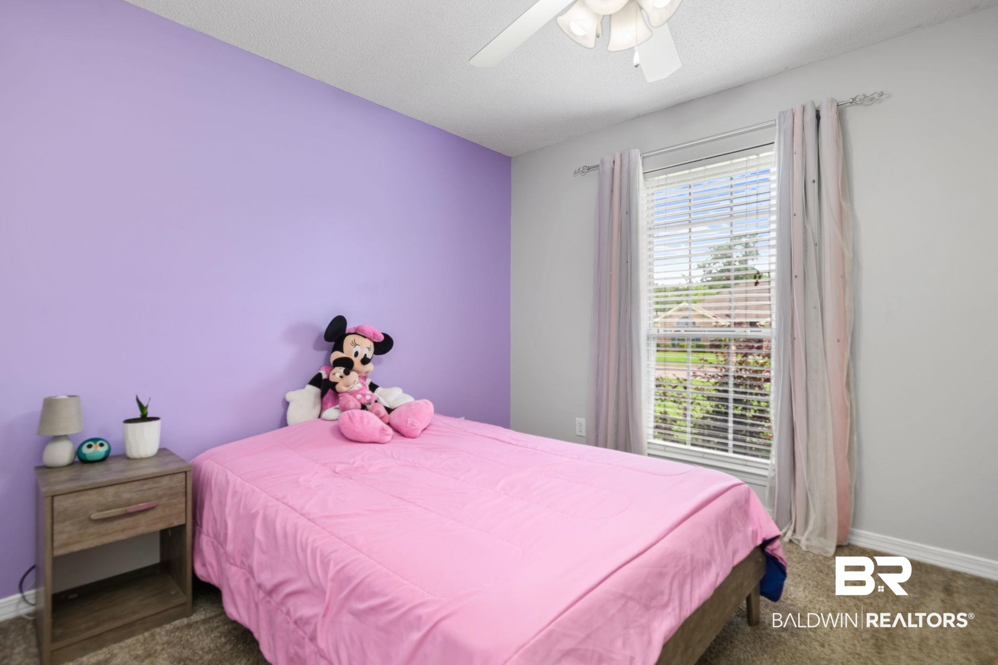 9422 Labrador Run South Mobile, AL 36695 - Photo 27 of 36 Bedroom featuring a single window with horizontal blinds, carpet flooring, a ceiling fan with integrated lighting, and a neutral color palette with one accent wall