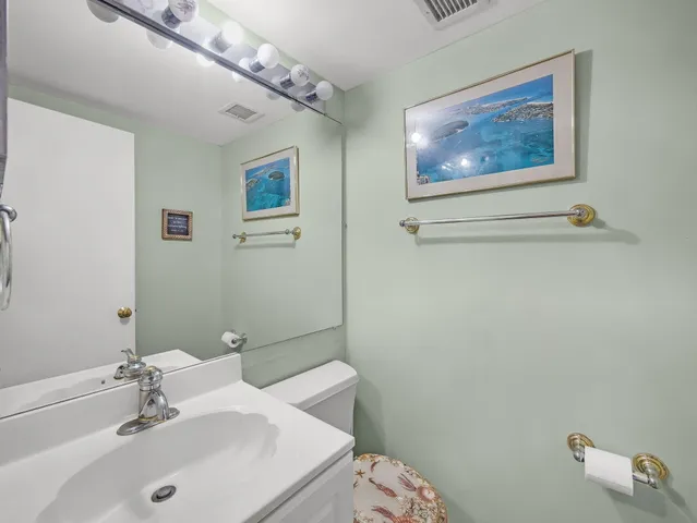 a bathroom with a sink mirror and toilet
