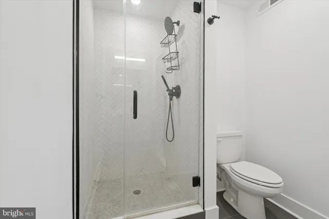 a bathroom with a shower and toilet