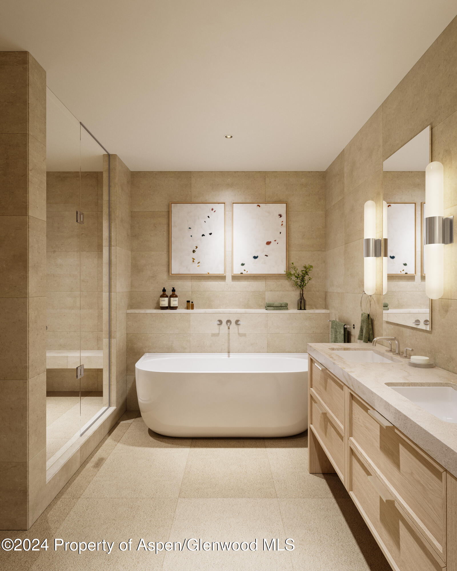 221 Wood Road, Unit 109 Snowmass Village, CO 81615 - Photo 7 of 12 a spacious bathroom with a double vanity sink mirror and bathtub