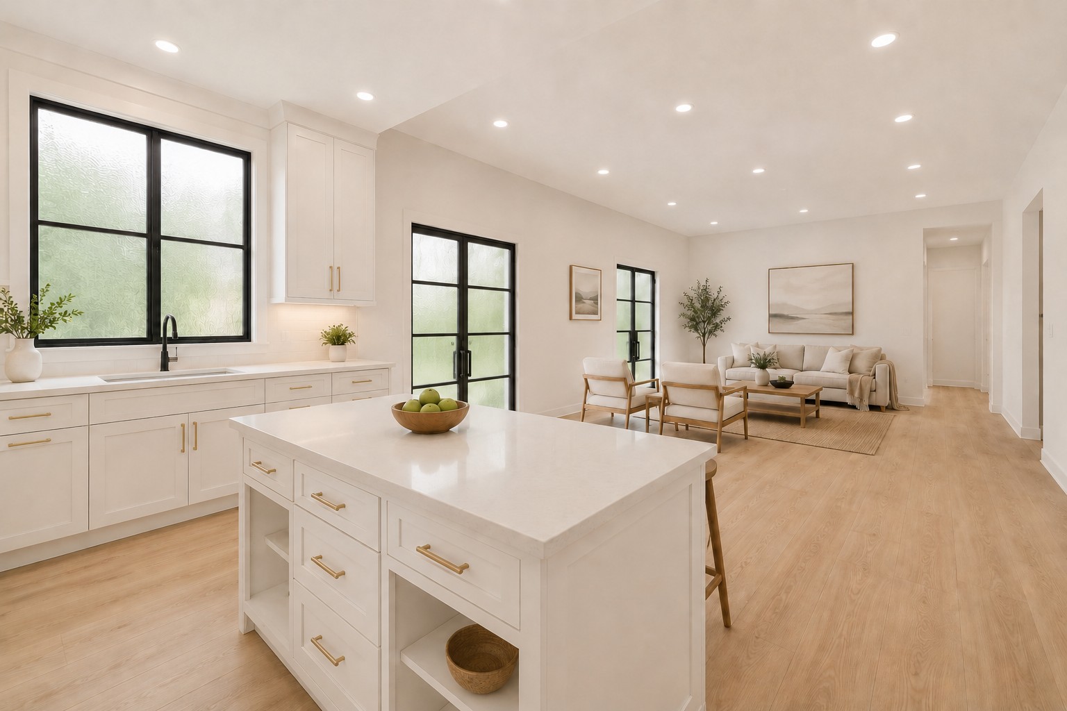 4603 Bucks Run Austin, TX 78744 - Photo 3 of 14 Open-concept kitchen and living area featuring a white kitchen island with built-in storage, white cabinetry with brass hardware, a black-framed window above the sink, and wood-finish flooring throughout
