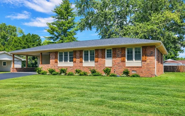 a view of a house with a yard and plants