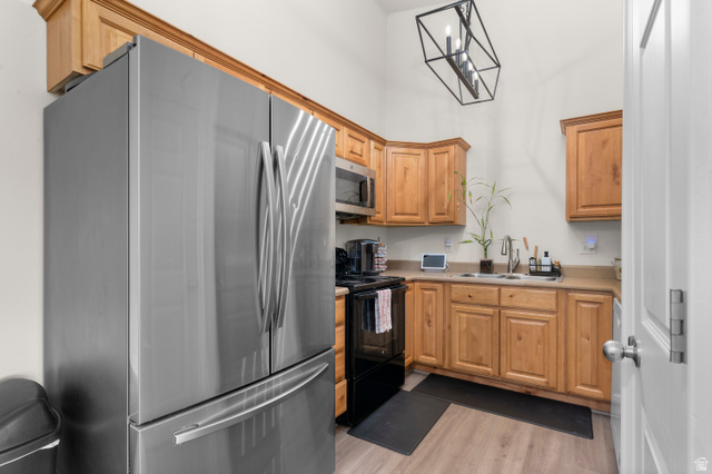 25 West Ridge Road, Unit 25 Saratoga Springs, UT 84045 - Photo 5 of 22 Compact kitchen featuring stainless steel appliances, light wood-finish cabinetry, and neutral countertops