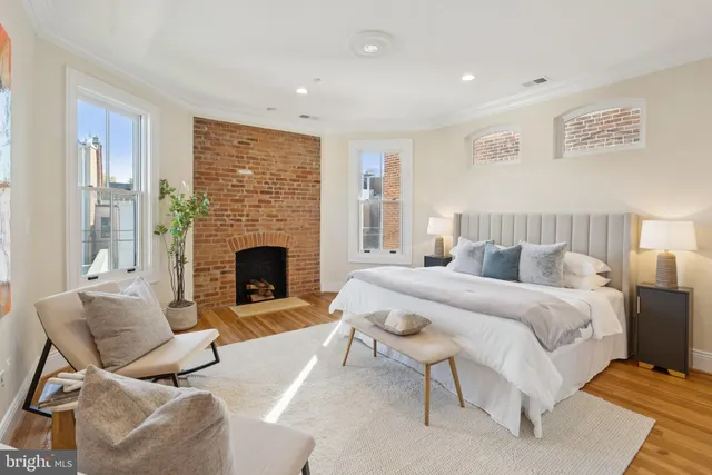 a living room with furniture fireplace and potted plant