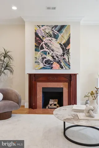 a living room with furniture potted plant and a fireplace
