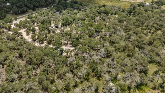 an aerial view of residential houses with outdoor space and trees