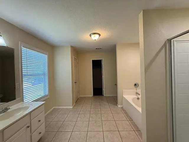 a bathroom with a bathtub sink and mirror