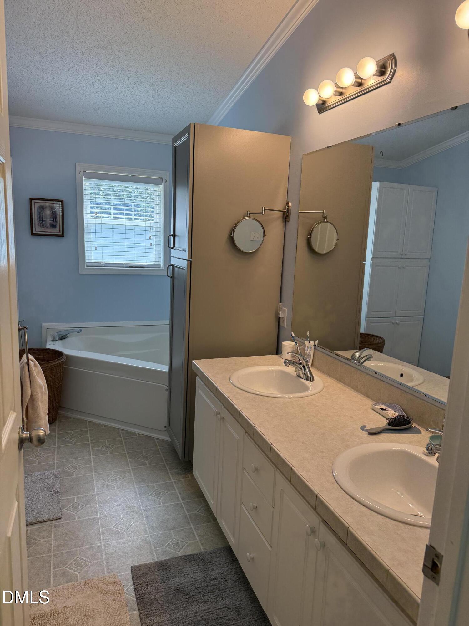 598 Ridge View Drive Cameron, NC 28326 - Photo 14 of 22 a bathroom with a double vanity sink a mirror and a bathtub