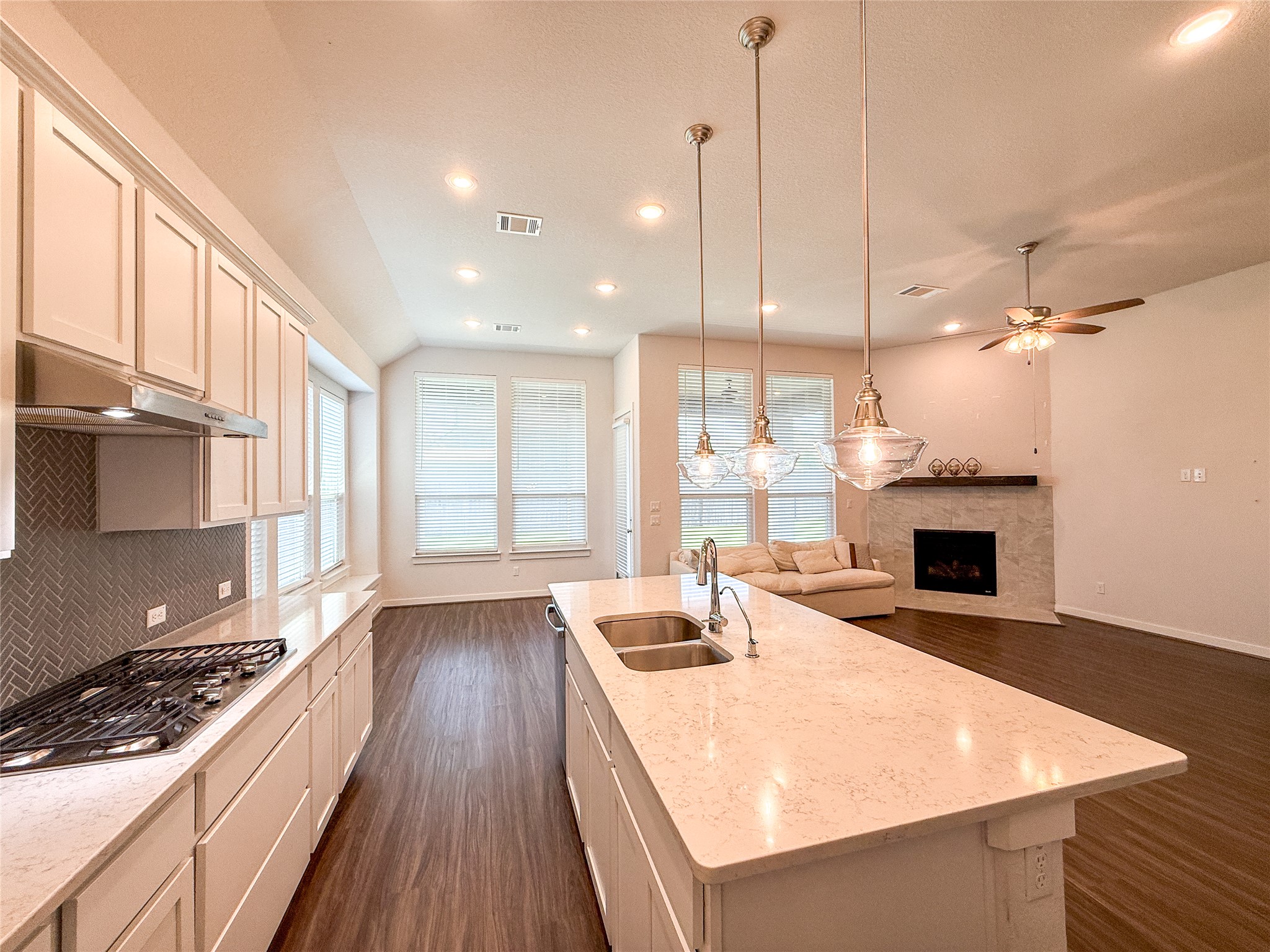 249 Heartleaf Road San Marcos, TX 78666 - Photo 11 of 38 An inviting open-concept layout connects the kitchen, dining, and living areas, highlighted by a modern fireplace.
