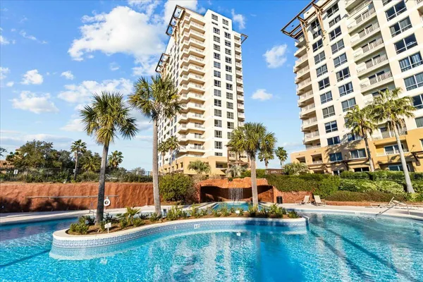 a view of a swimming pool with a yard