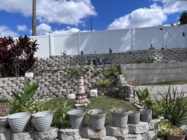 a view of a backyard with plants and chairs