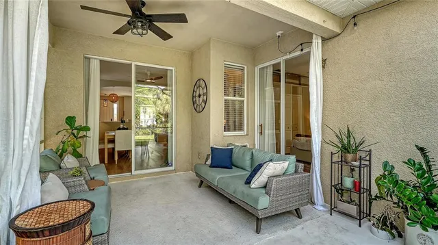 a living room with furniture and a potted plant