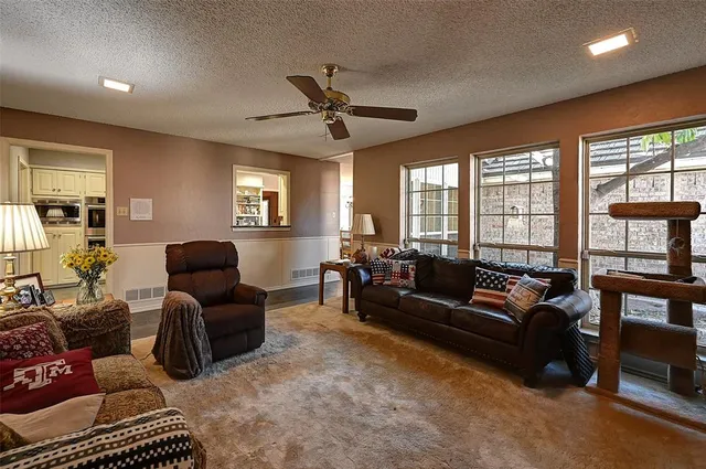 a living room with furniture ceiling fan and a rug