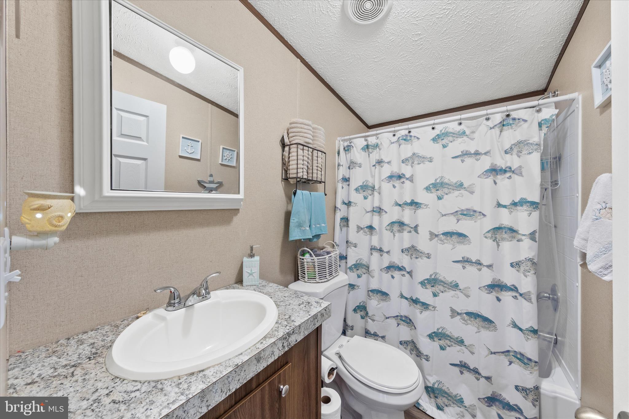 27297 Waters Edge Road Millsboro, DE 19966 - Photo 16 of 46 a bathroom with a granite countertop sink toilet a mirror and shower curtain