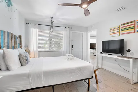 a bedroom with a bed and a flat screen tv