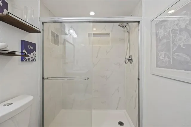 a bathroom with a shower and a toilet