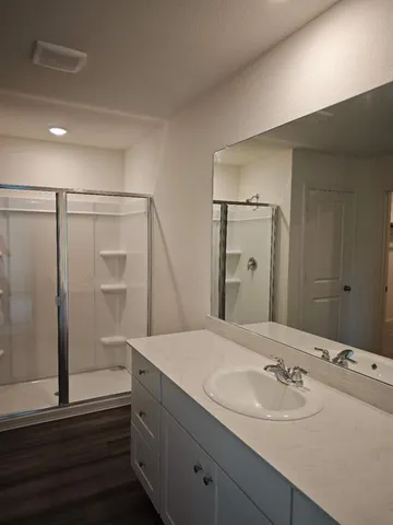 a bathroom with a sink a mirror and a shower