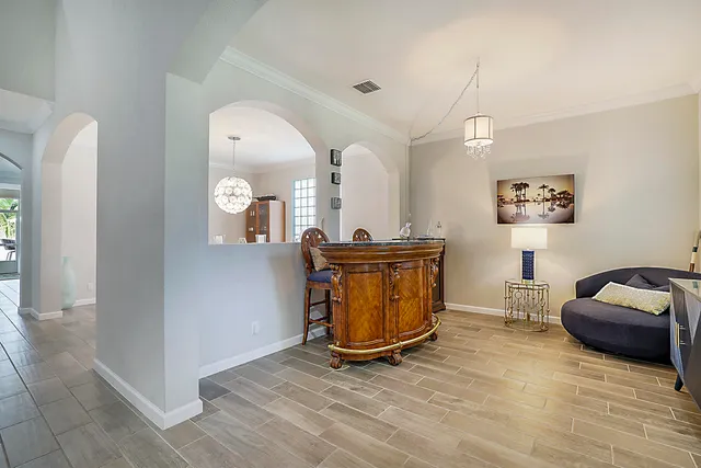 a view of a dining room with furniture