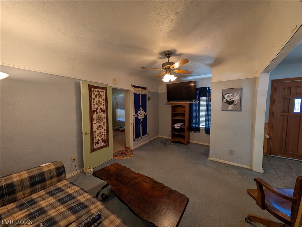 997 Phillips Street Panaca, NV 89042 - Photo 9 of 19 A versatile living area features carpeted floors and a warm wood ceiling fan.
