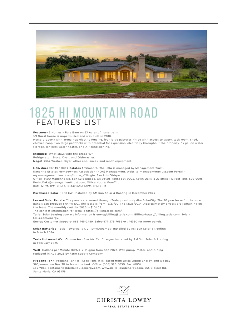 1825 Hi Mountain Road Arroyo Grande, CA 93420 - Photo 2 of 74 Features List Page 1
