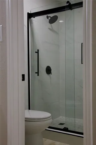 a bathroom with a shower and a toilet