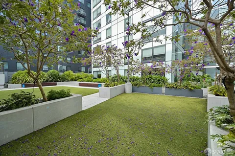 a view of a garden with a building in the background