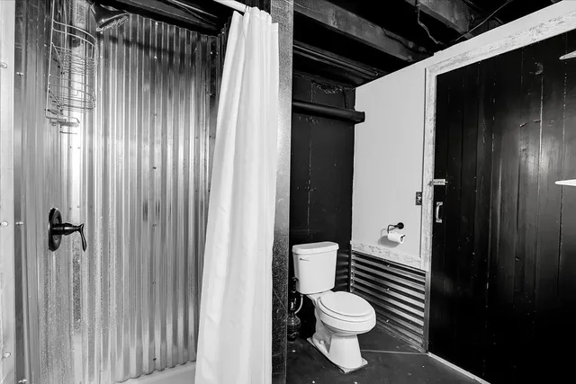 a bathroom with a toilet and a shower