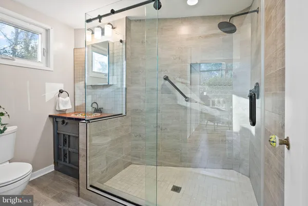 a bathroom with a shower and a toilet