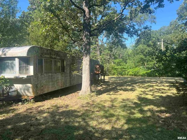 a view of a yard with large trees