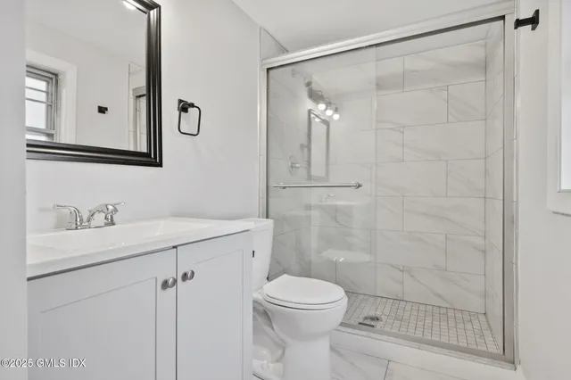 a bathroom with a shower sink vanity mirror and toilet