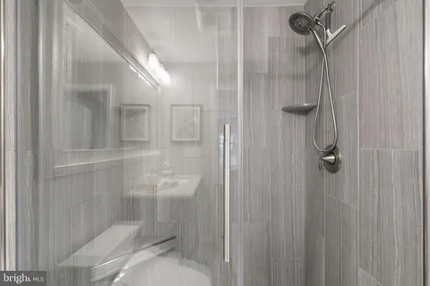 a bathroom with a shower and toilet