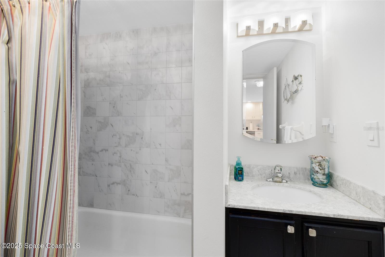 3901 Dixie Highway Northeast, Unit 409 Palm Bay, FL 32905 - Photo 21 of 40 a bathroom with a sink vanity a mirror and a bathtub