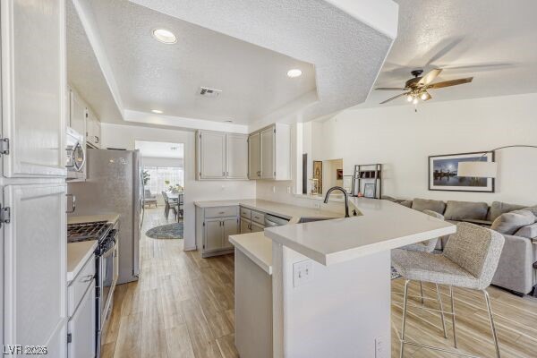 1536 Pony Ranch Circle Henderson, NV 89014 - Photo 24 of 24 Kitchen featuring a peninsula, appliances with stainless steel finishes, light countertops, open floor plan, and light wood-style flooring