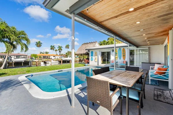 a view of house with swimming pool outdoor seating