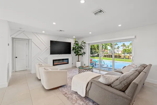 a living room with fireplace furniture and a flat screen tv