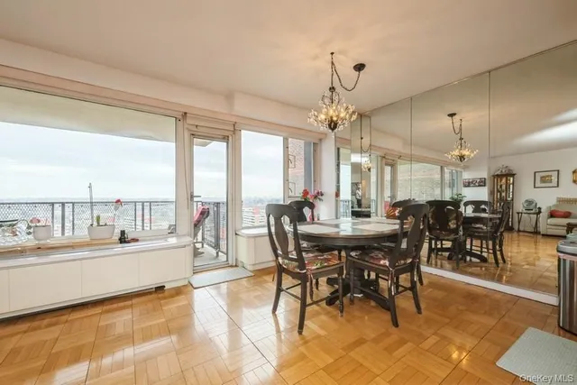a view of a dining room with furniture window and outside view