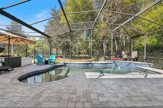 a view of a swimming pool with a patio and plants