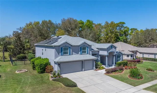 a aerial view of a house with yard and green space