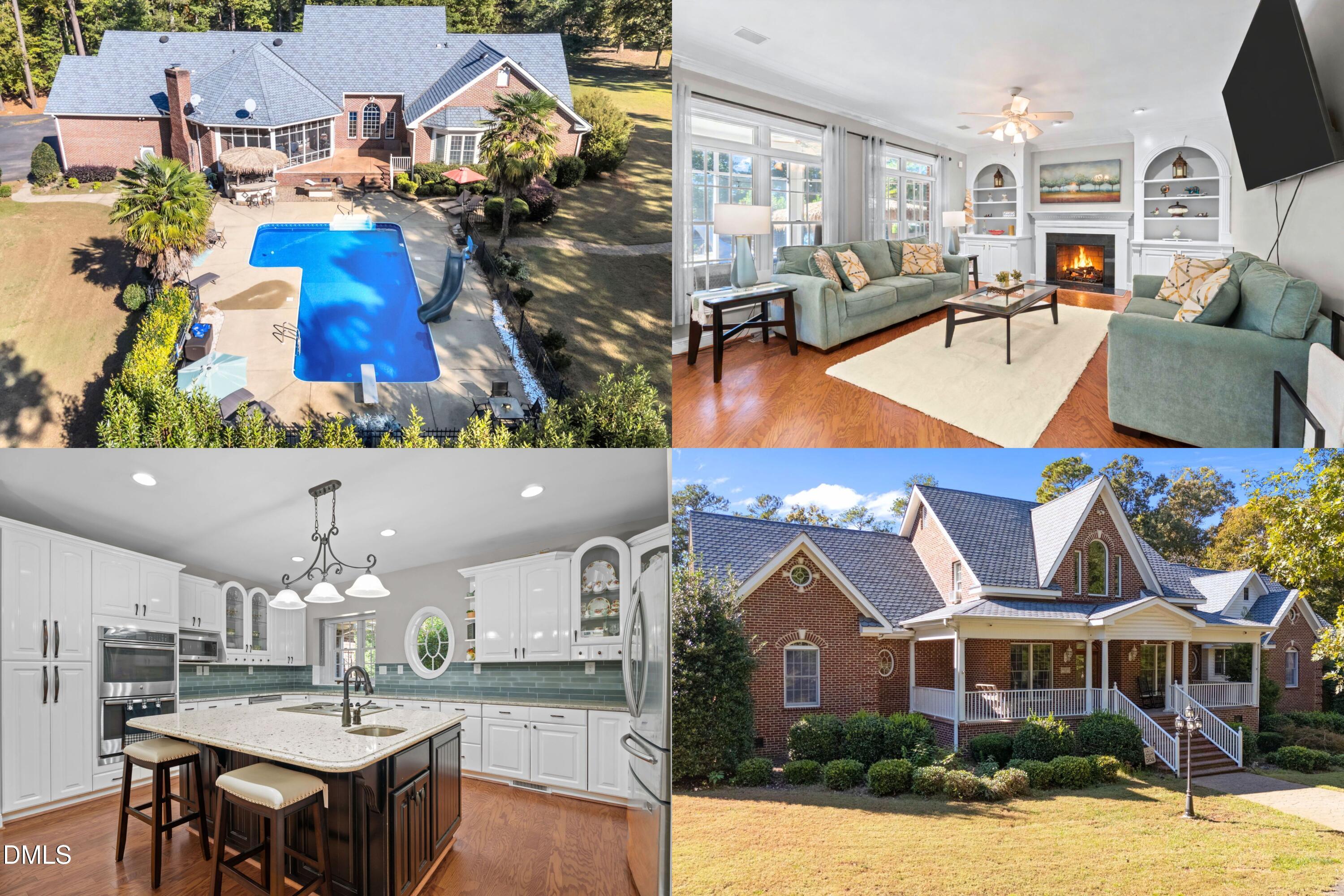 an aerial view of a house with swimming pool and seating space