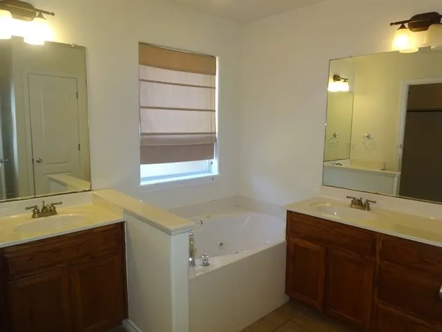 a bathroom with a tub sink and mirror