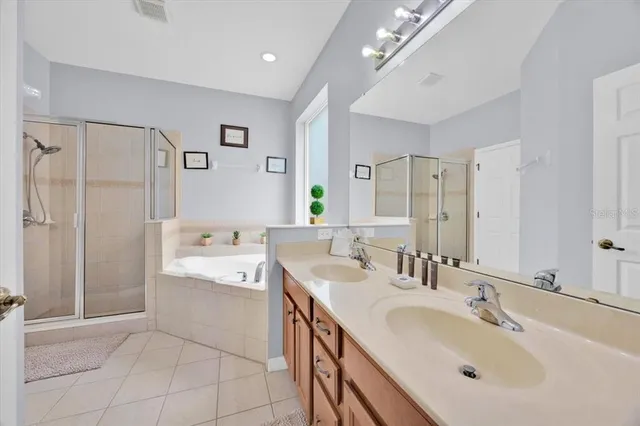 a bathroom with a sink double vanity granite tub shower and a mirror