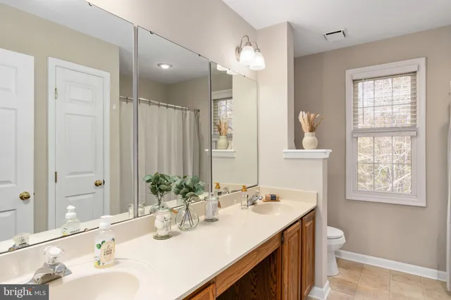 a bathroom with double vanity sinks a toilet and a mirror