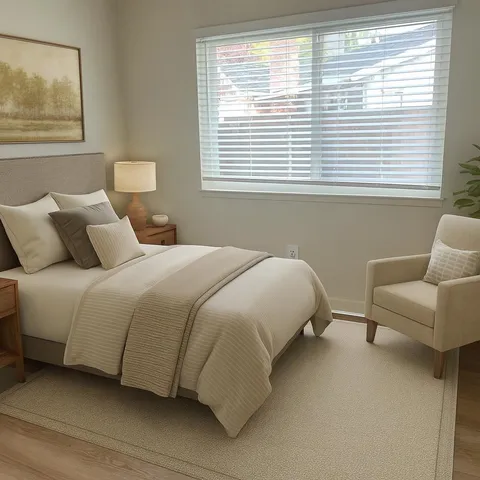 a bedroom with bed and a window